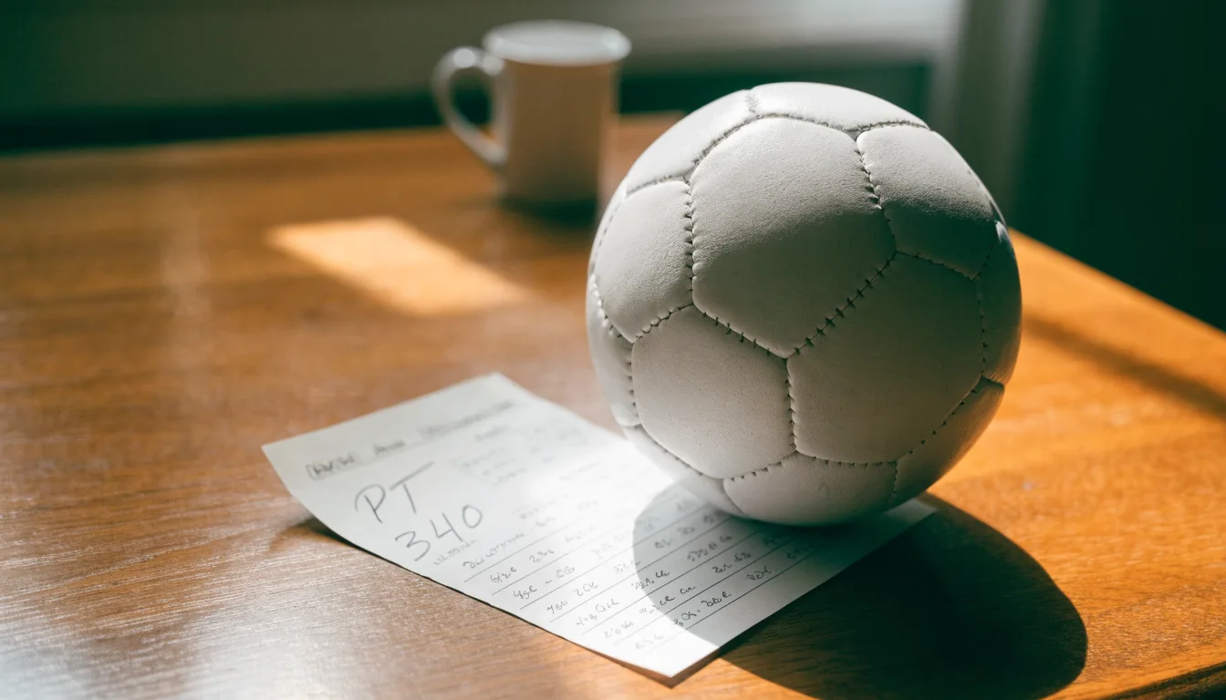 Uma bola de futebol pousada sobre um talão de apostas em branco numa mesa de madeira, à luz do dia