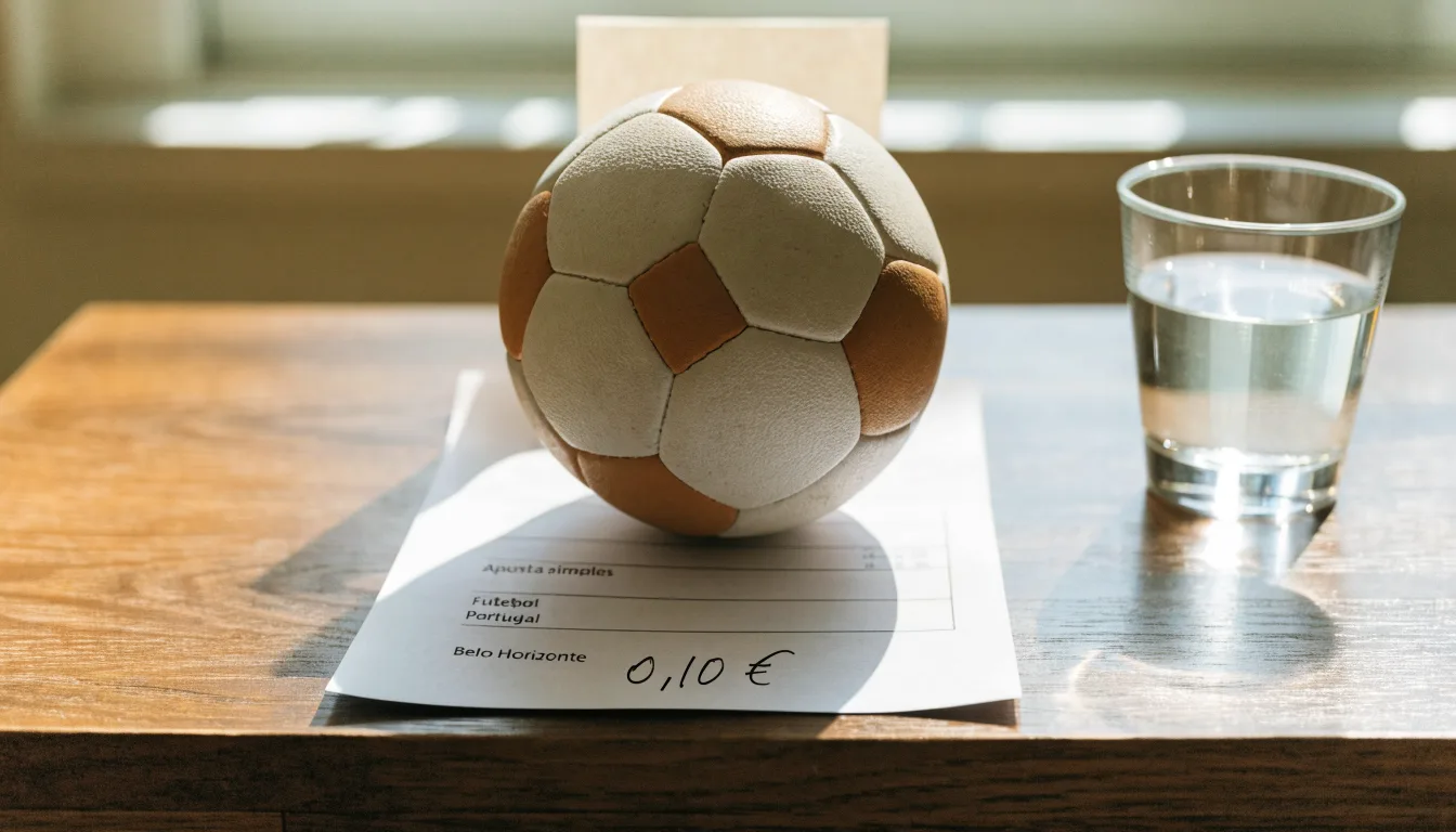 Uma bola de futebol pousada sobre um talão de apostas em branco numa mesa de madeira, à luz do dia