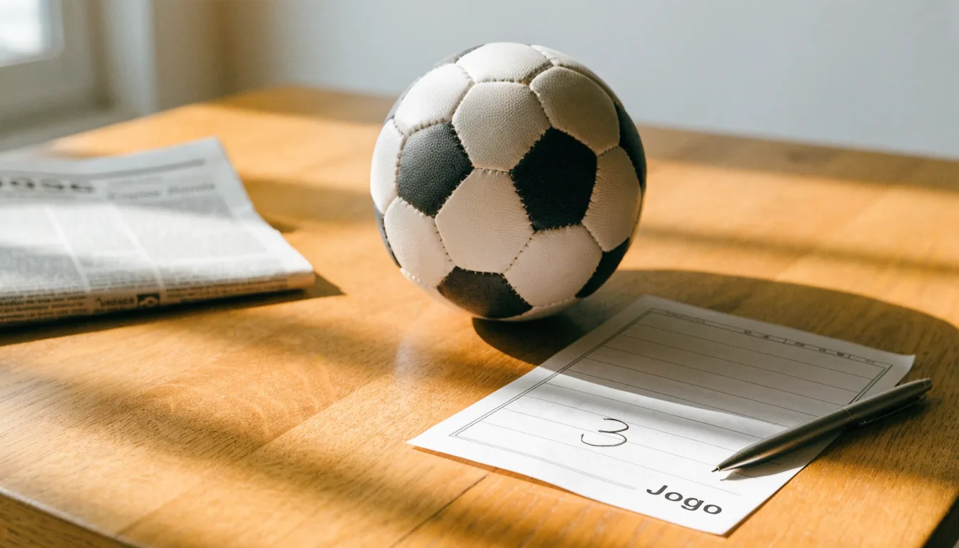 Uma bola de futebol pousada sobre um talão de apostas em branco numa mesa de madeira, à luz do dia