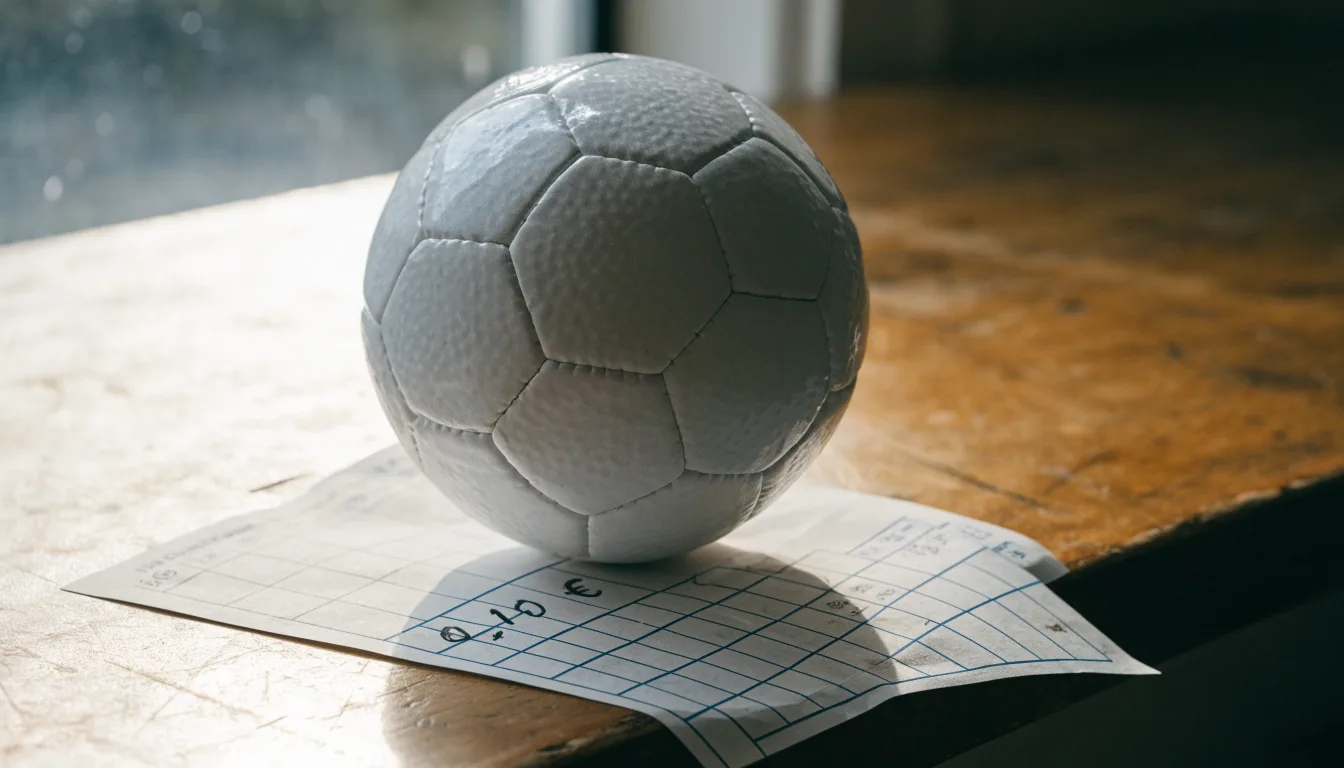 Uma bola de futebol pousada sobre um talão de apostas em branco numa mesa de madeira, à luz do dia