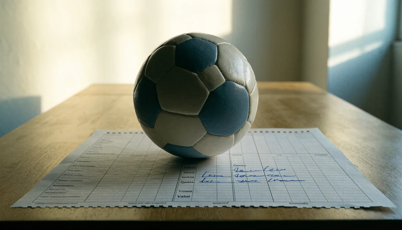 Uma bola de futebol pousada sobre um talão de apostas em branco numa mesa de madeira, à luz do dia
