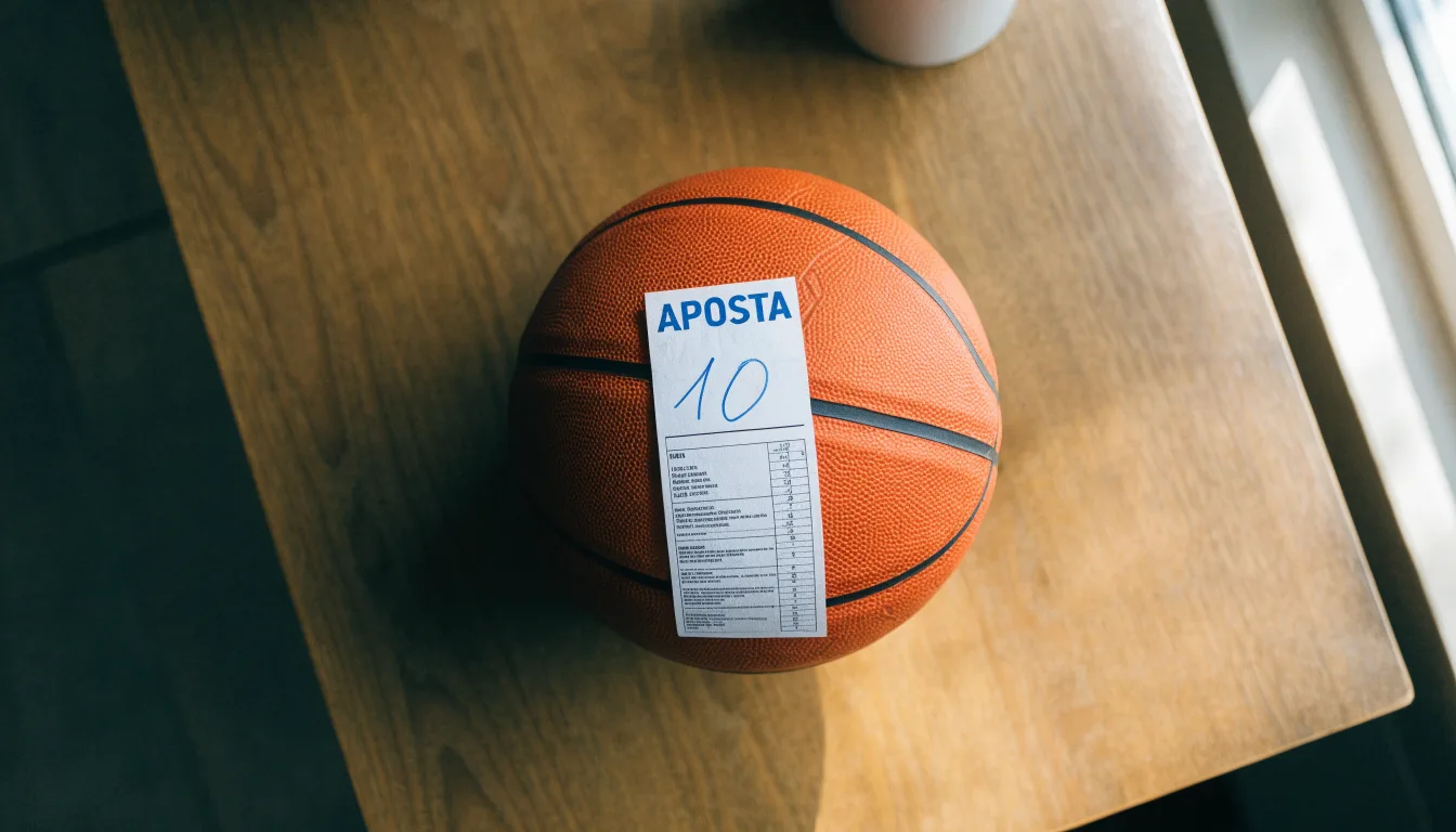 Uma bola de futebol pousada sobre um talão de apostas em branco numa mesa de madeira, à luz do dia