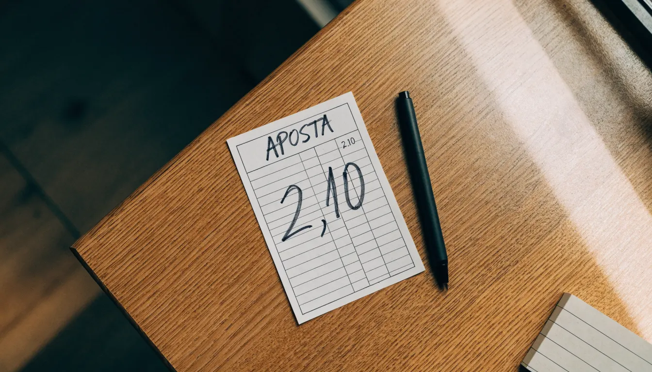 Uma bola de futebol pousada sobre um talão de apostas em branco numa mesa de madeira, à luz do dia