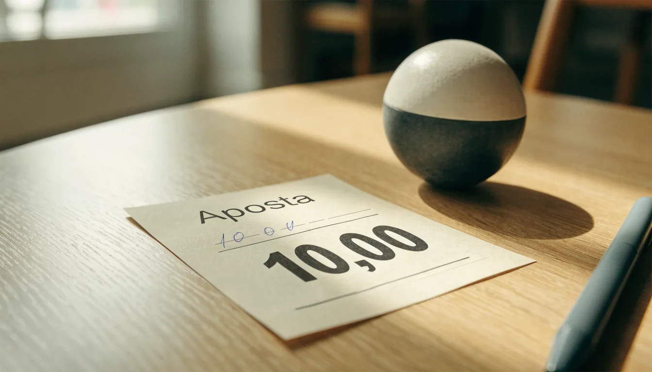 Uma bola de futebol pousada sobre um talão de apostas em branco numa mesa de madeira, à luz do dia