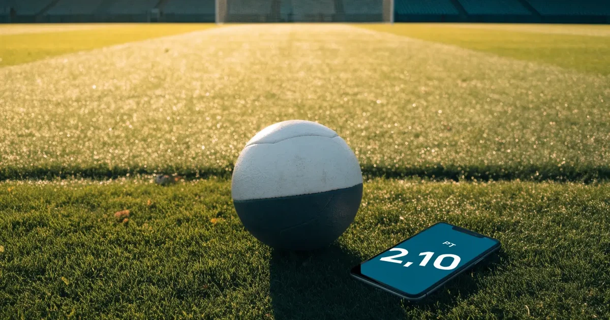 Uma bola de futebol no ponto central de um relvado, à luz da manhã
