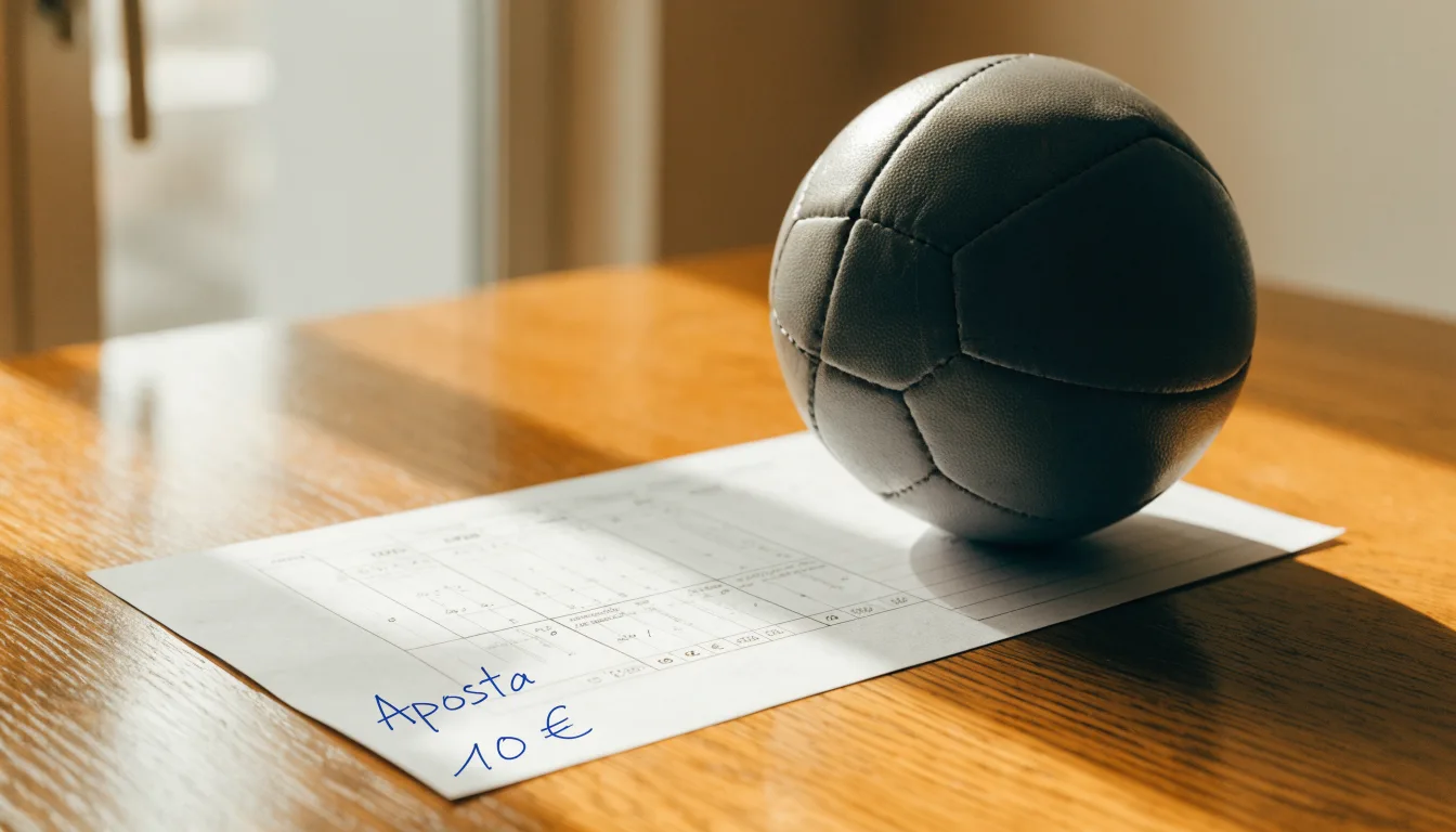 Uma bola de futebol pousada sobre um talão de apostas em branco numa mesa de madeira, à luz do dia