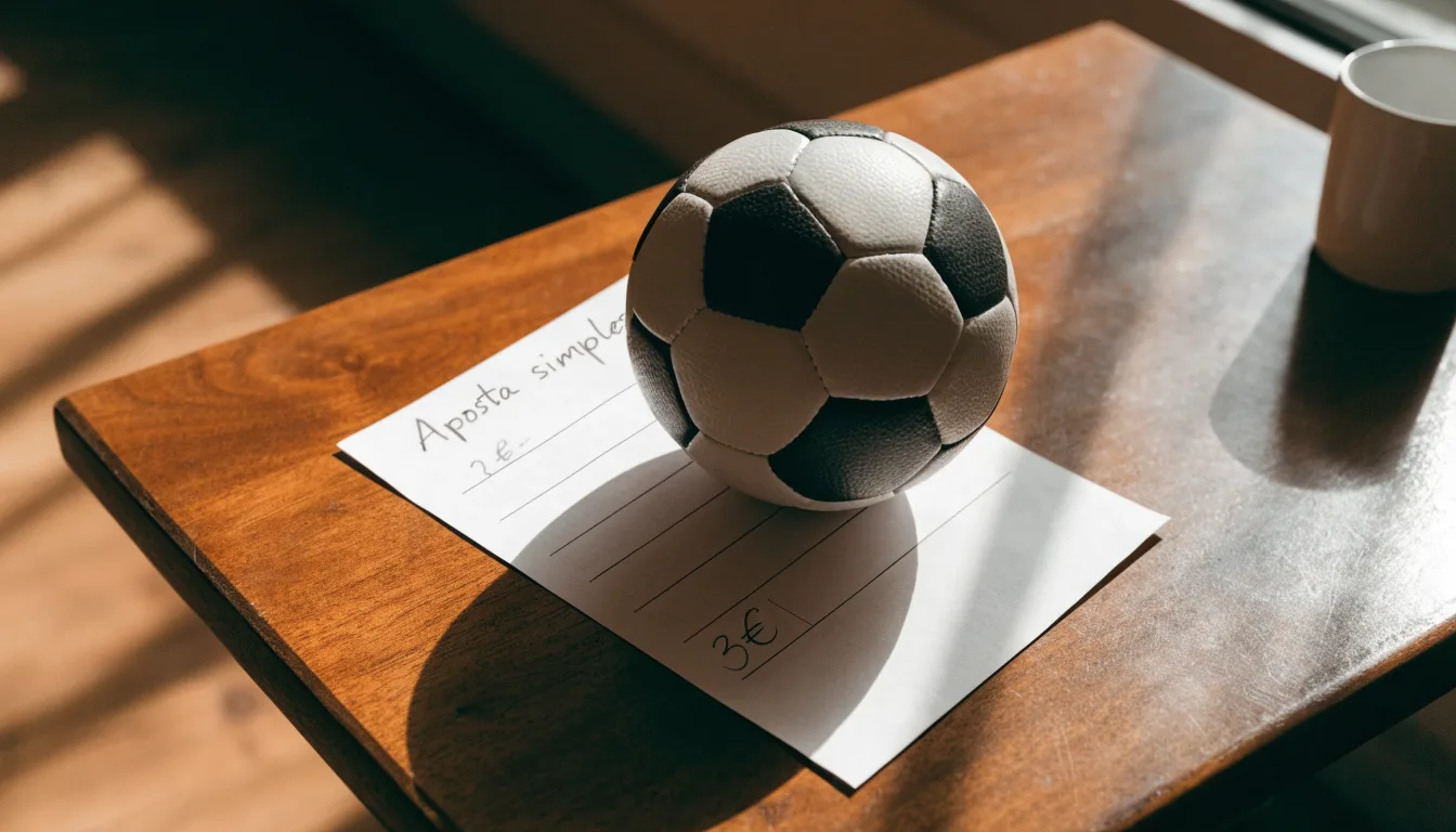 Uma bola de futebol pousada sobre um talão de apostas em branco numa mesa de madeira, à luz do dia
