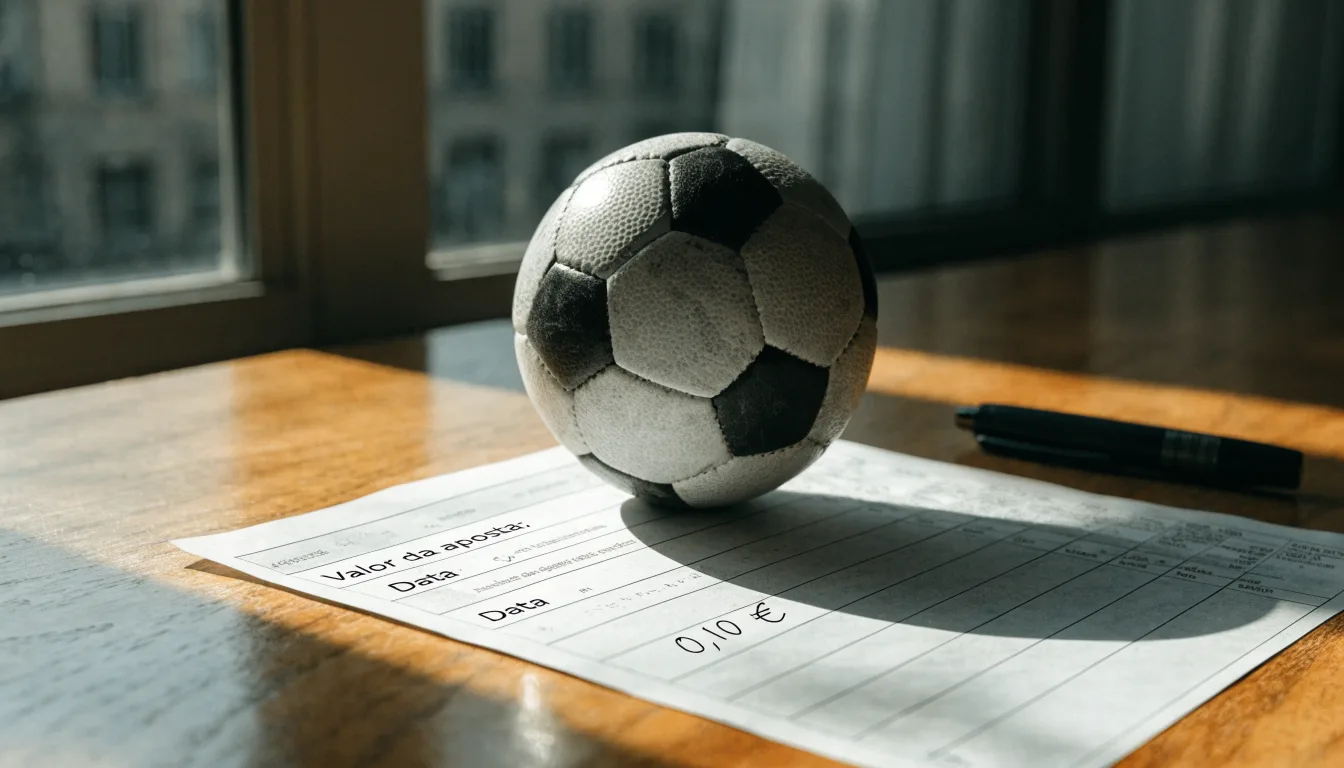 Uma bola de futebol pousada sobre um talão de apostas em branco numa mesa de madeira, à luz do dia