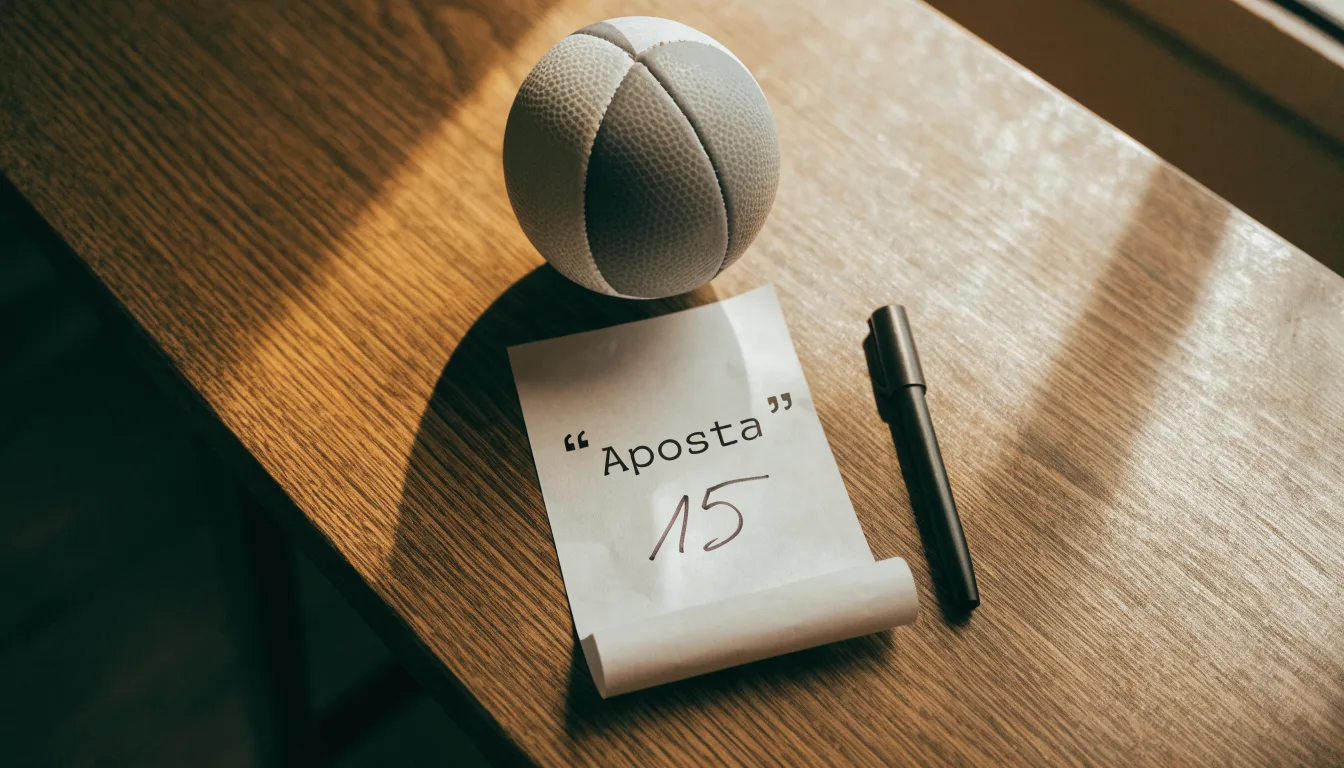 Uma bola de futebol pousada sobre um talão de apostas em branco numa mesa de madeira, à luz do dia