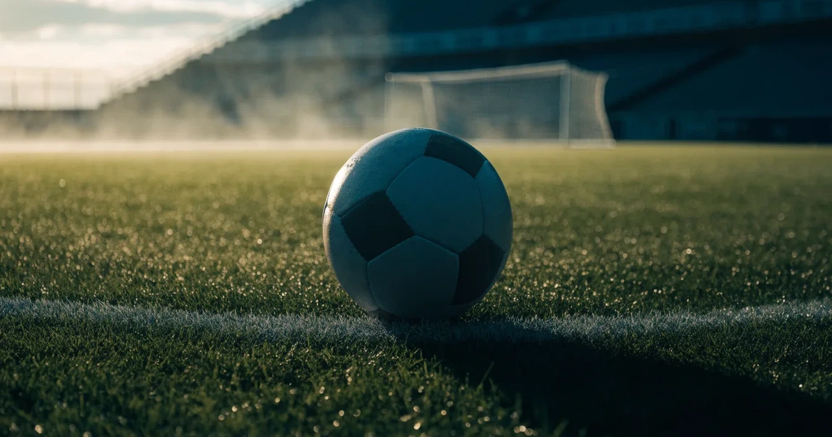 Uma bola de futebol no ponto central de um relvado, à luz da manhã