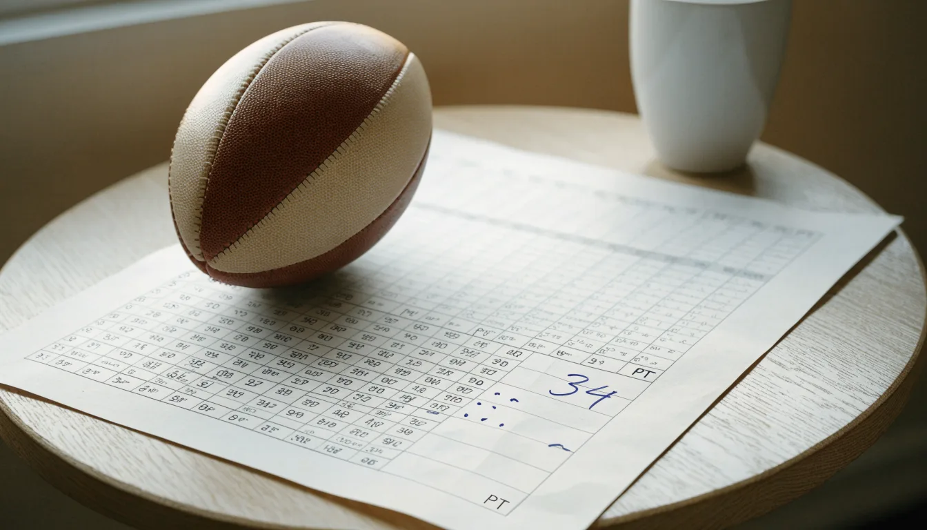 Uma bola de futebol pousada sobre um talão de apostas em branco numa mesa de madeira, à luz do dia