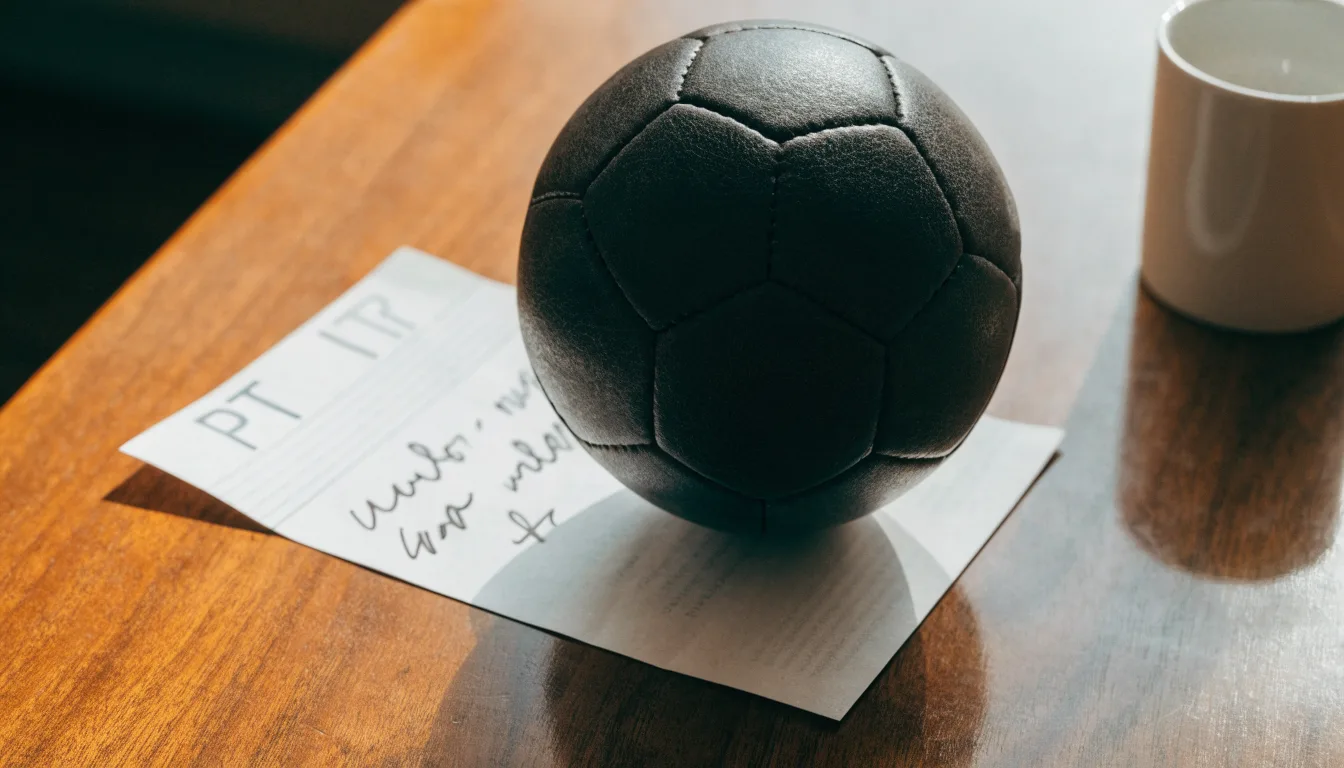 Uma bola de futebol pousada sobre um talão de apostas em branco numa mesa de madeira, à luz do dia