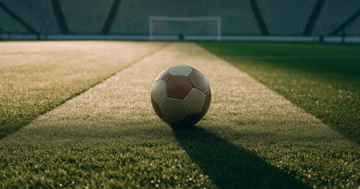 Uma bola de futebol no ponto central de um relvado, à luz da manhã
