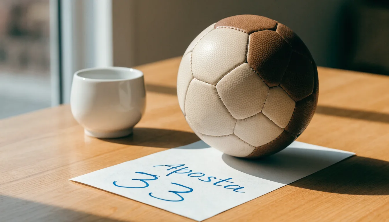 Uma bola de futebol pousada sobre um talão de apostas em branco numa mesa de madeira, à luz do dia