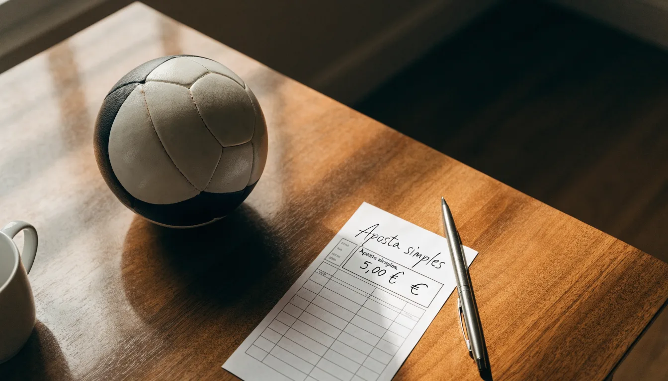 Uma bola de futebol pousada sobre um talão de apostas em branco numa mesa de madeira, à luz do dia