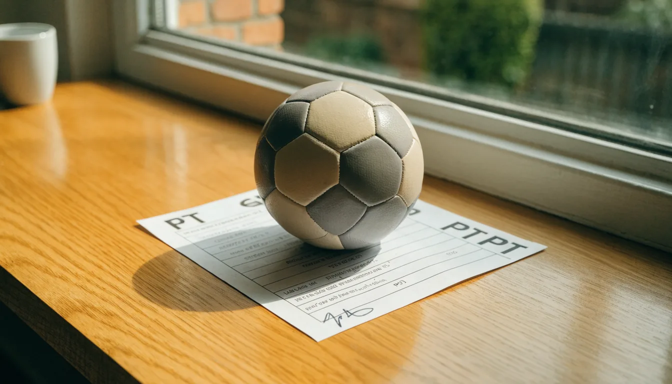 Uma bola de futebol pousada sobre um talão de apostas em branco numa mesa de madeira, à luz do dia