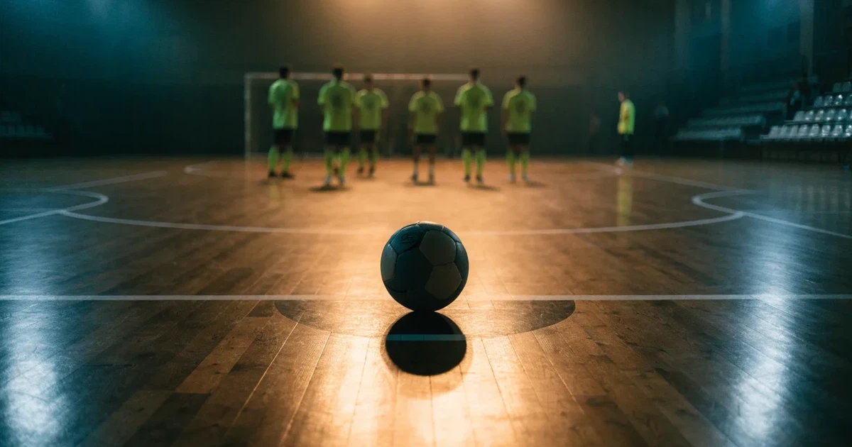 Uma bola de futebol no ponto central de um relvado, à luz da manhã