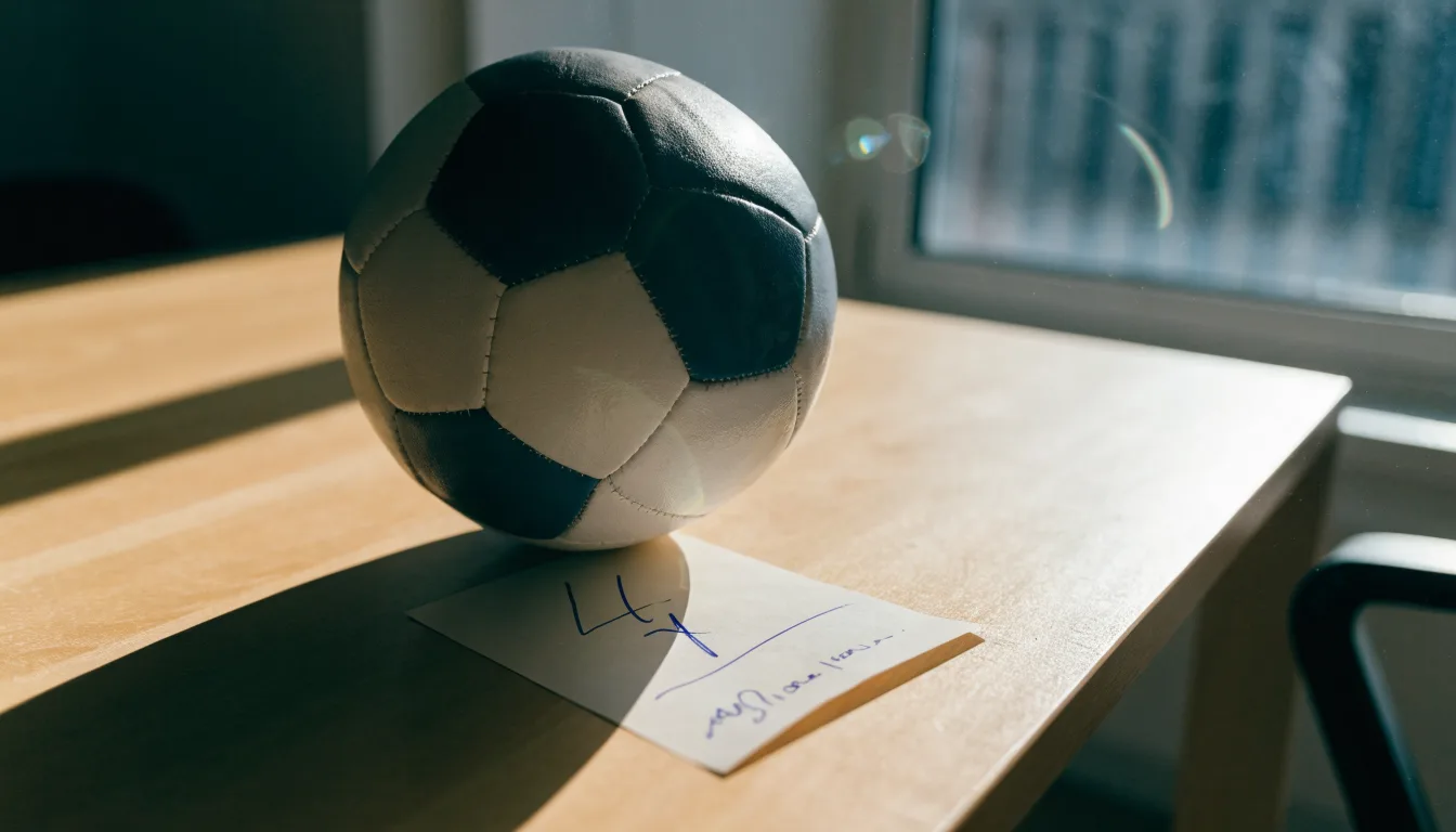 Uma bola de futebol pousada sobre um talão de apostas em branco numa mesa de madeira, à luz do dia