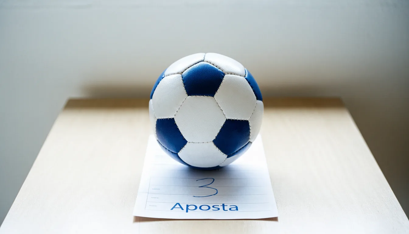 Uma bola de futebol pousada sobre um talão de apostas em branco numa mesa de madeira, à luz do dia
