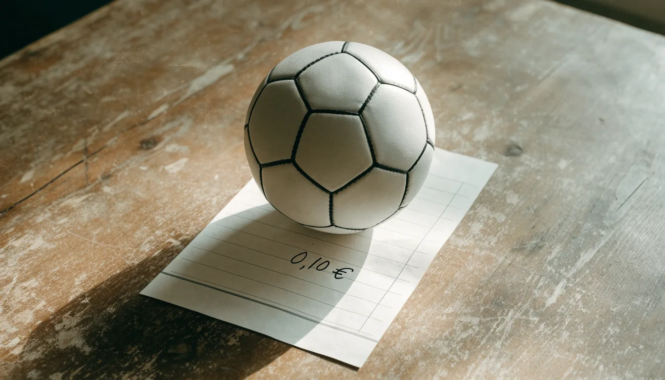 Uma bola de futebol pousada sobre um talão de apostas em branco numa mesa de madeira, à luz do dia