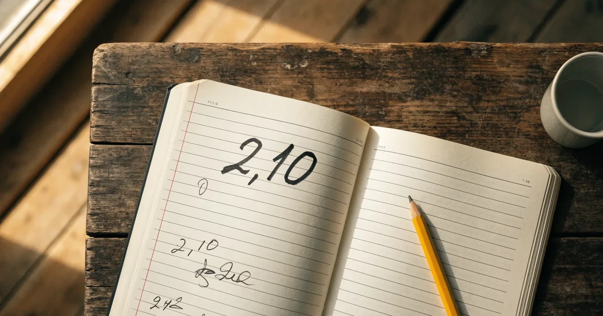 Um caderno aberto com cotas escritas à mão, uma calculadora e um lápis sobre uma mesa de madeira