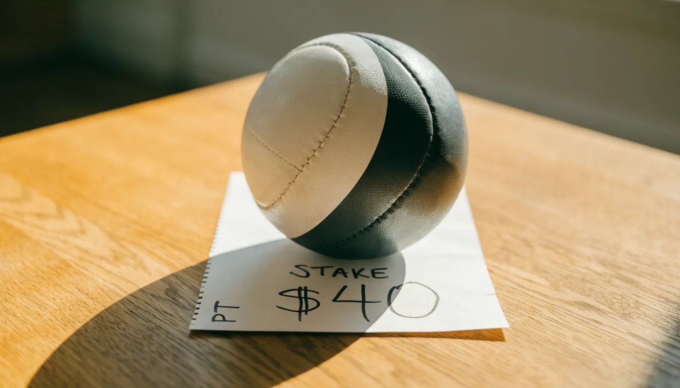 Uma bola de futebol pousada sobre um talão de apostas em branco numa mesa de madeira, à luz do dia