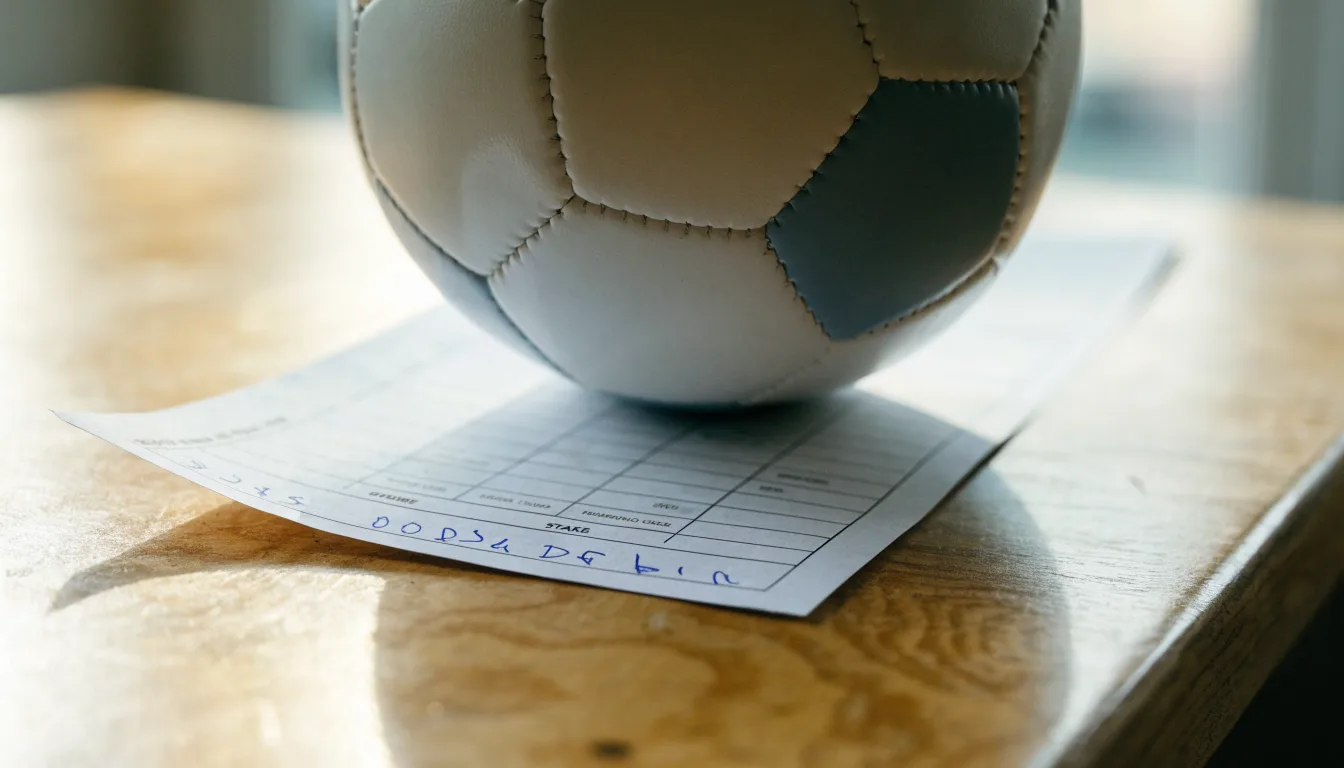 Uma bola de futebol pousada sobre um talão de apostas em branco numa mesa de madeira, à luz do dia