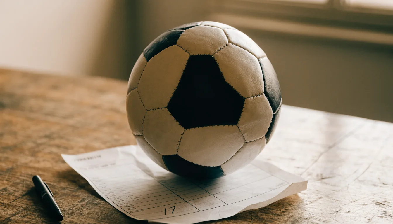 Uma bola de futebol pousada sobre um talão de apostas em branco numa mesa de madeira, à luz do dia