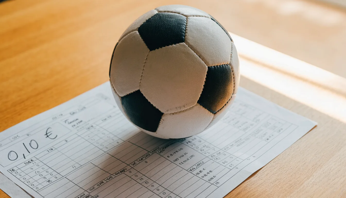 Uma bola de futebol pousada sobre um talão de apostas em branco numa mesa de madeira, à luz do dia