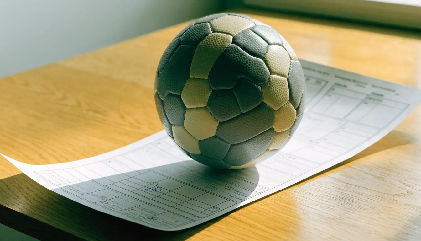 Uma bola de futebol pousada sobre um talão de apostas em branco numa mesa de madeira, à luz do dia