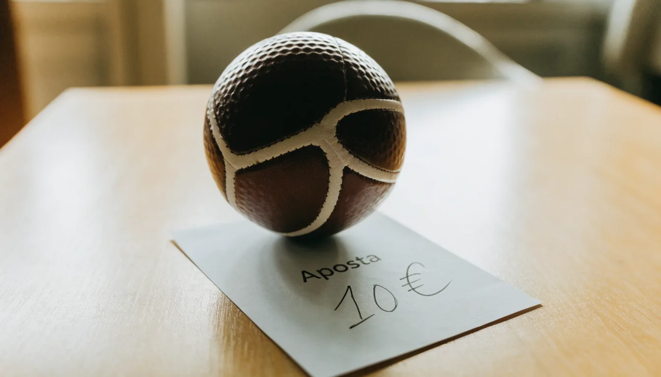 Uma bola de futebol pousada sobre um talão de apostas em branco numa mesa de madeira, à luz do dia
