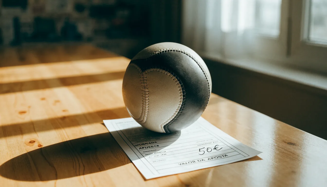 Uma bola de futebol pousada sobre um talão de apostas em branco numa mesa de madeira, à luz do dia