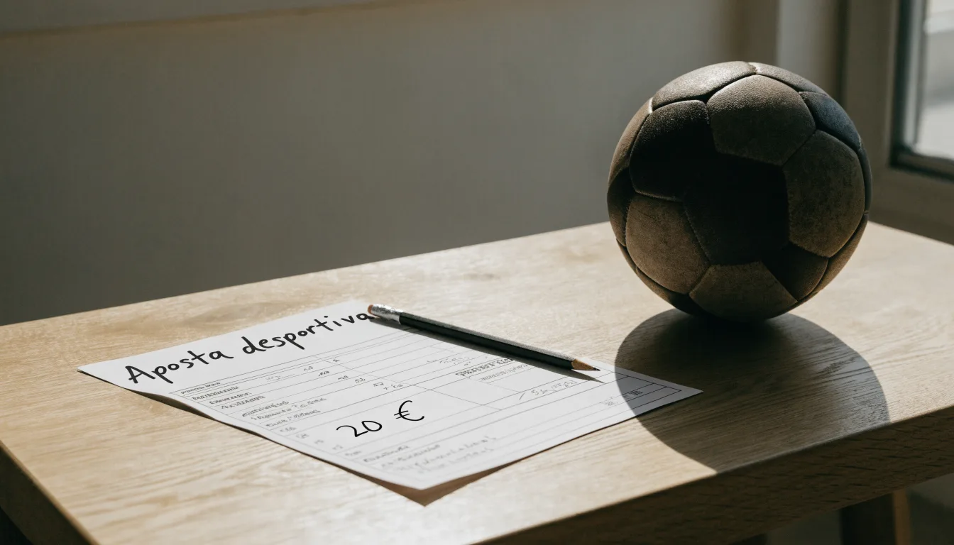 Uma bola de futebol pousada sobre um talão de apostas em branco numa mesa de madeira, à luz do dia