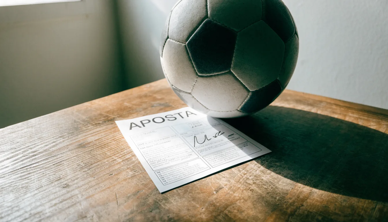 Uma bola de futebol pousada sobre um talão de apostas em branco numa mesa de madeira, à luz do dia