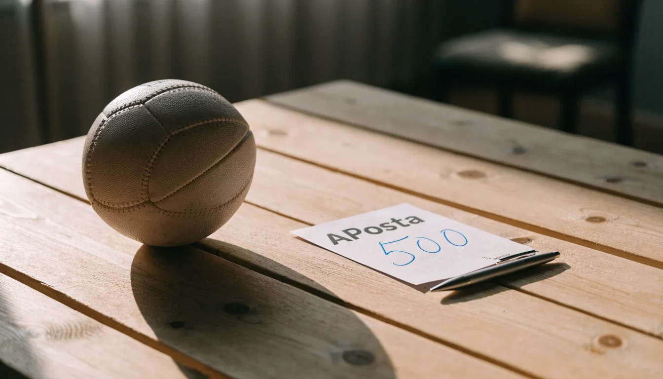 Uma bola de futebol pousada sobre um talão de apostas em branco numa mesa de madeira, à luz do dia