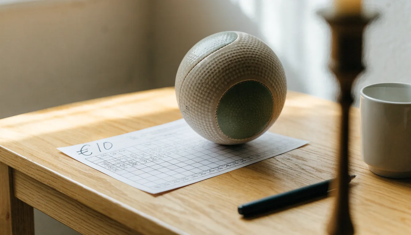 Uma bola de futebol pousada sobre um talão de apostas em branco numa mesa de madeira, à luz do dia