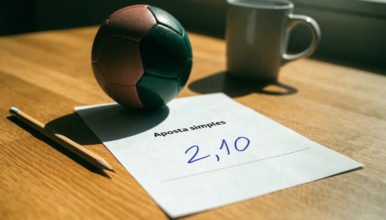 Uma bola de futebol pousada sobre um talão de apostas em branco numa mesa de madeira, à luz do dia