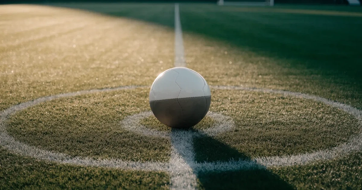 Uma bola de futebol no ponto central de um relvado, à luz da manhã